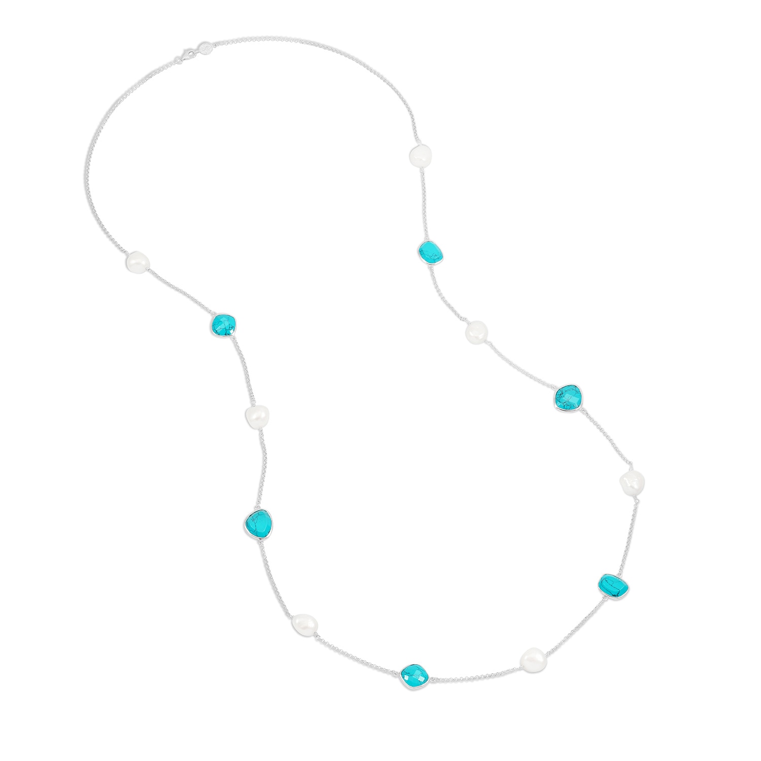 Women’s Long Turquoise & Baroque Pearl Necklace In Silver Dower & Hall