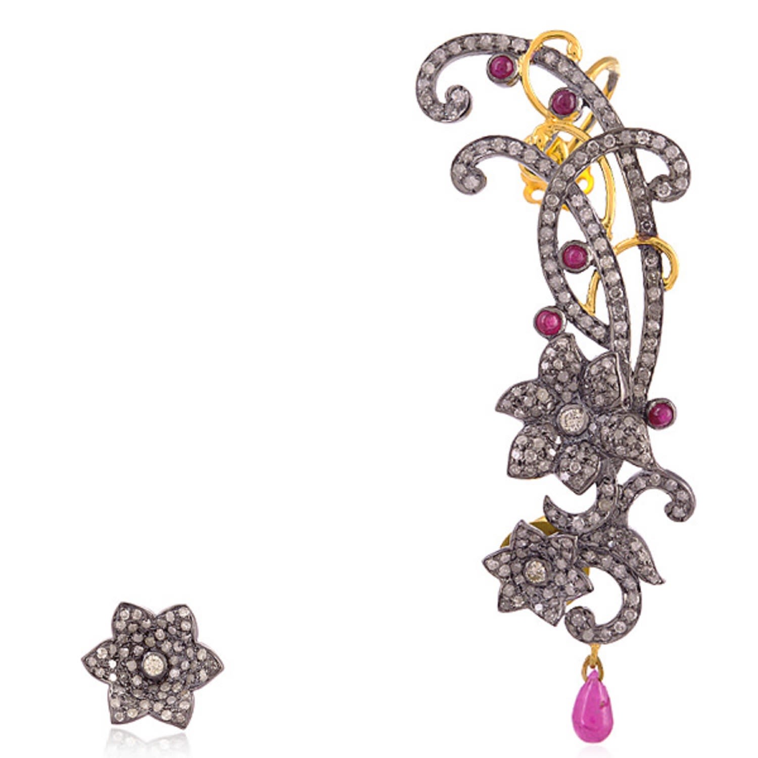 Women’s Pink / Purple / Gold 18K Gold & 925 Sterling Silver In Pave Diamond With Ruby Floral Cuff & Stud Earrings Artisan