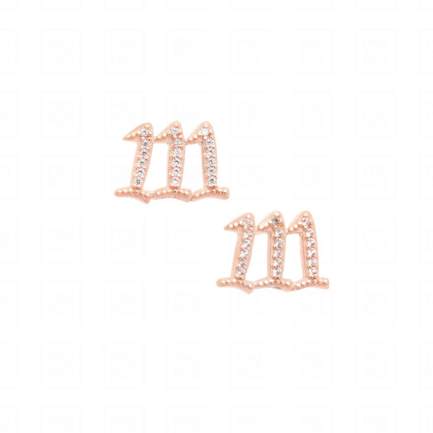 Women’s One One One Angel Number Manifestation Stud Earrings, White Topaz, Rose Gold Seven Saints