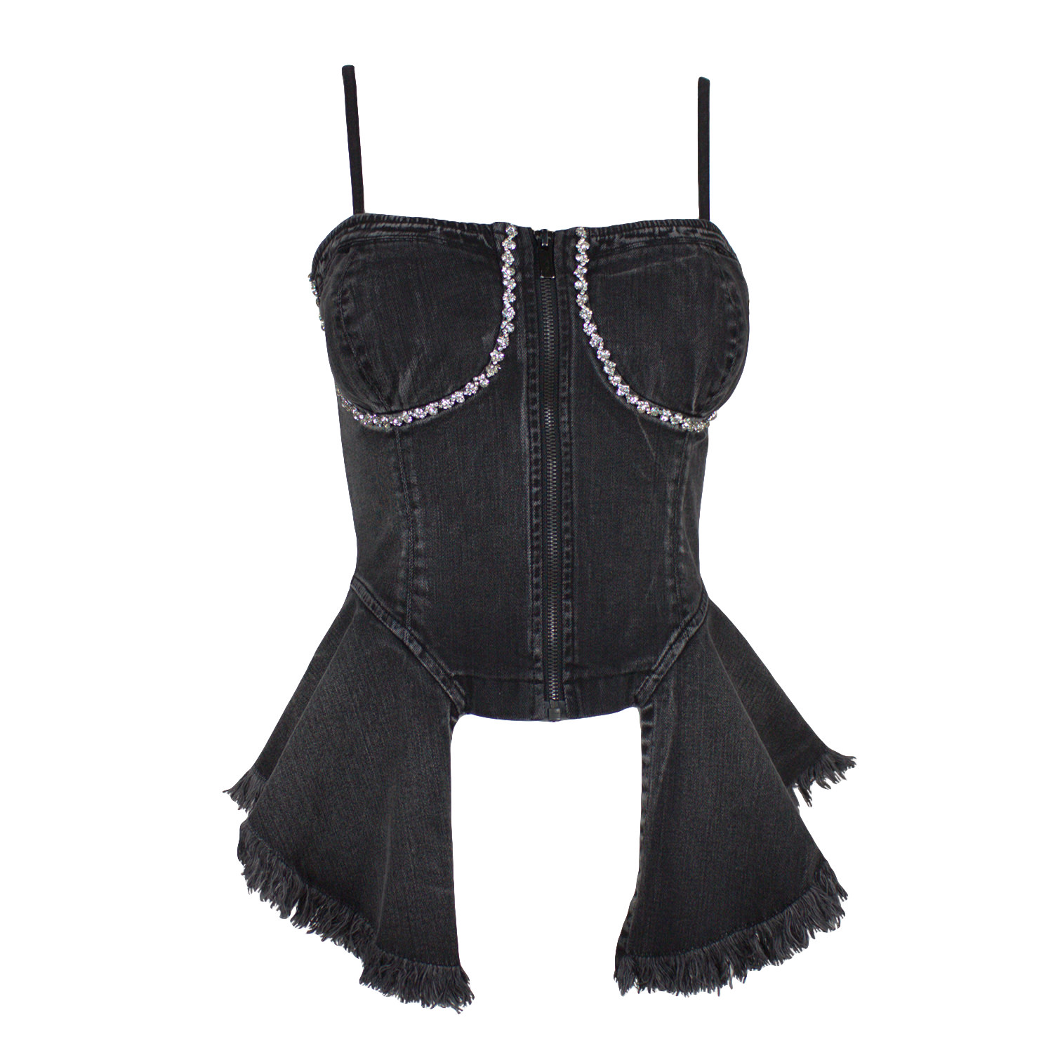 Women’s Black Hand Stitched Crystal Embellished Denim Corset Top With Ruffles Extra Small Lalipop Design