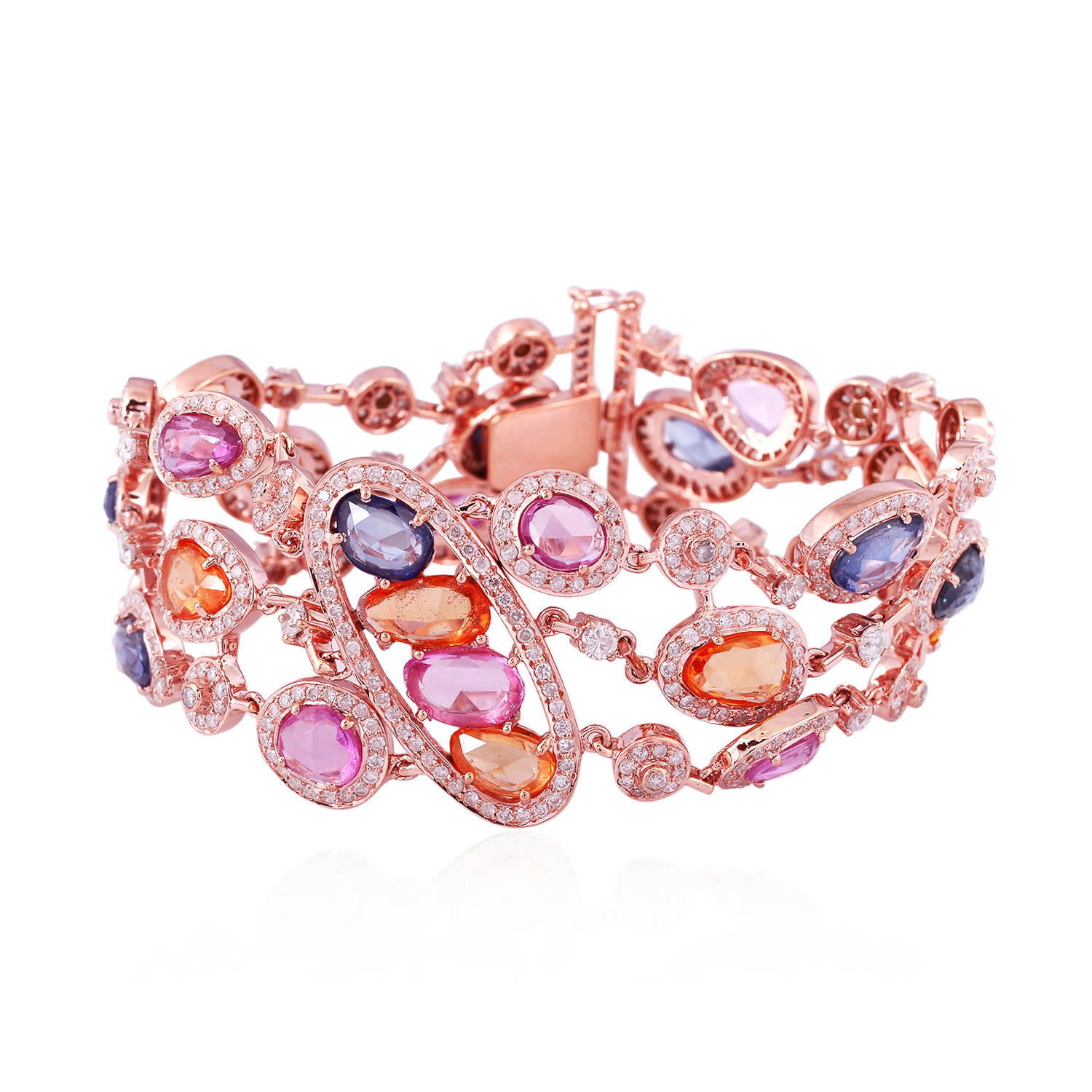 Women’s Pink / Purple / White Solid 18K Rose Gold In Studded Diamond & Multi Sapphire Gorgeous Fixed And Flexible Bracelet Artisan