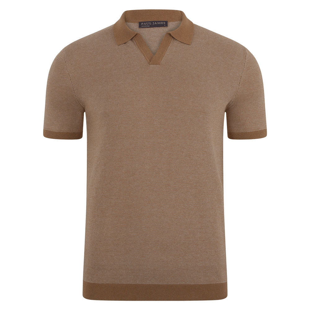 Neutrals Mens Lightweight Cotton Giovanni Honeycomb Buttonless Polo Shirt - Camel Large Paul James Knitwear