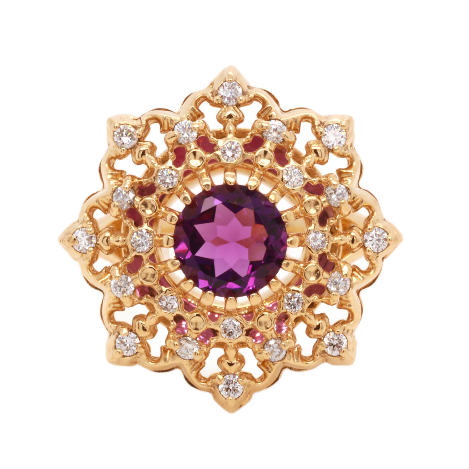Women’s Pink / Purple / Yellow Amethyst Flower Ring With Diamonds In 18K Solid Yellow Gold G & D Unique Designs