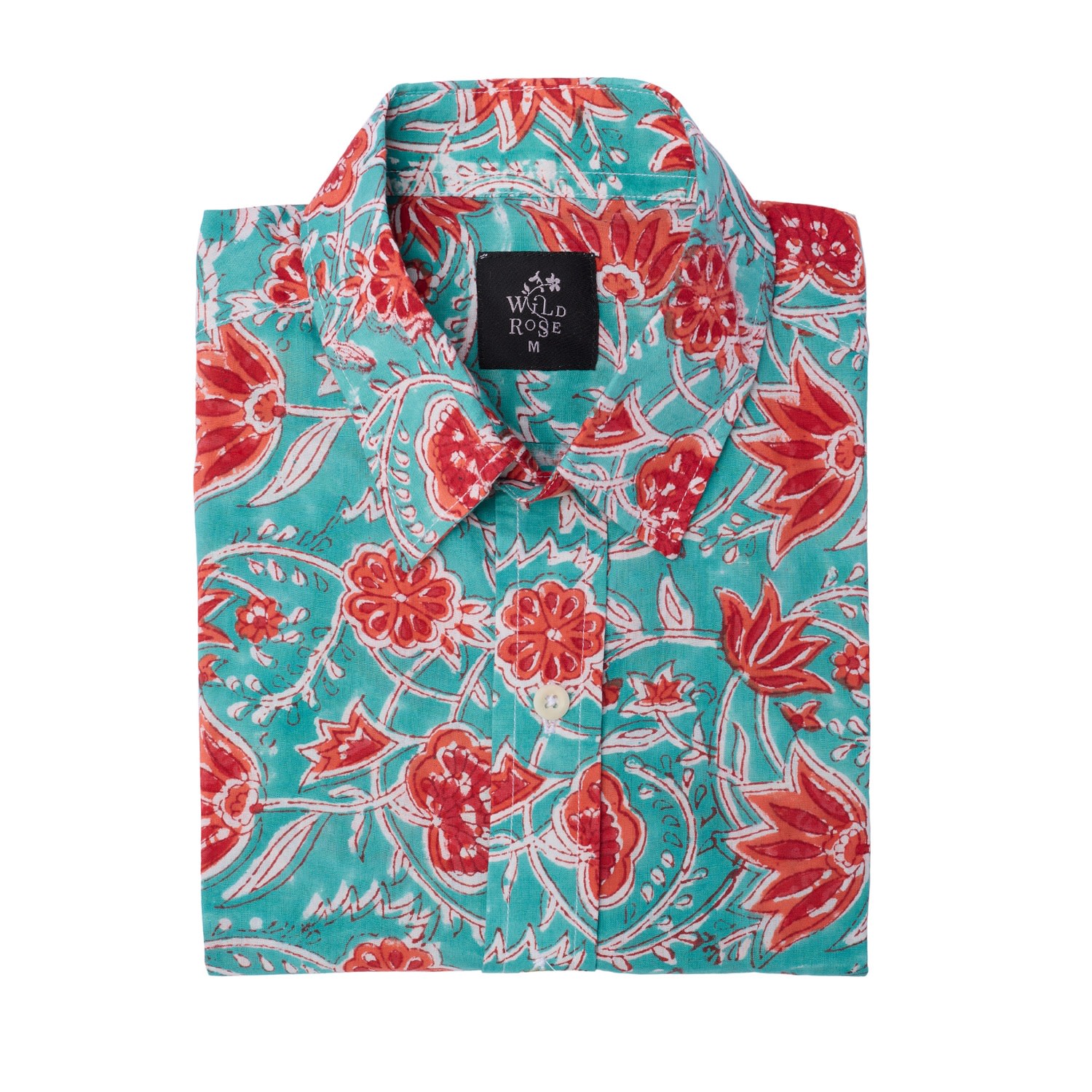 Men’s Blue / Red Osila Hand Block Print Cotton Long Sleeved Floral Shirt Large Wild Rose