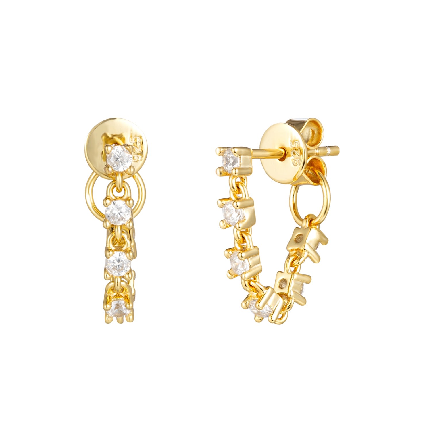 Women’s 22Ct Gold Vermeil Drop Chain Cz Stud Earrings Seol + Gold