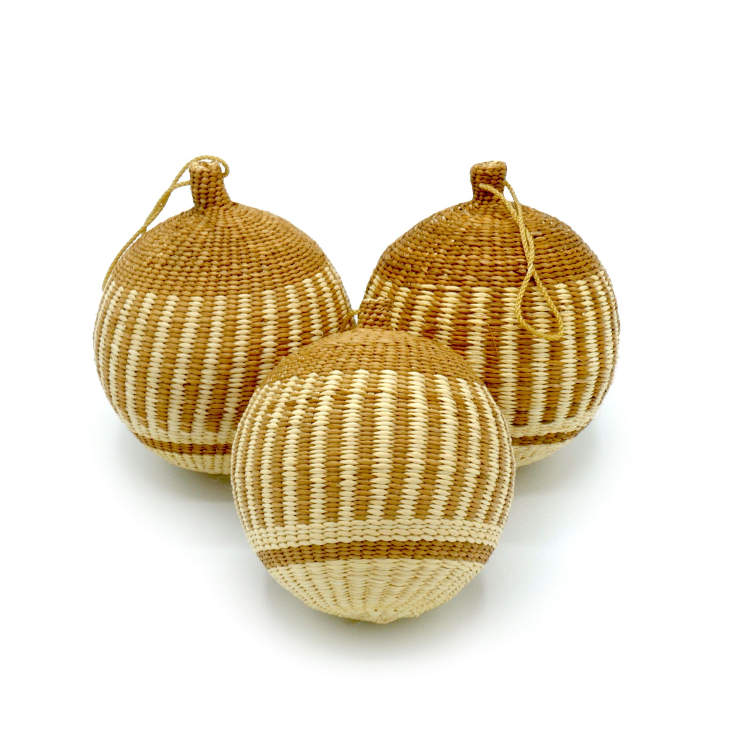 Neutrals / Gold Gold & Natural Striped Christmas Tree Baubles Pack Of 3 - 8Cm Washein