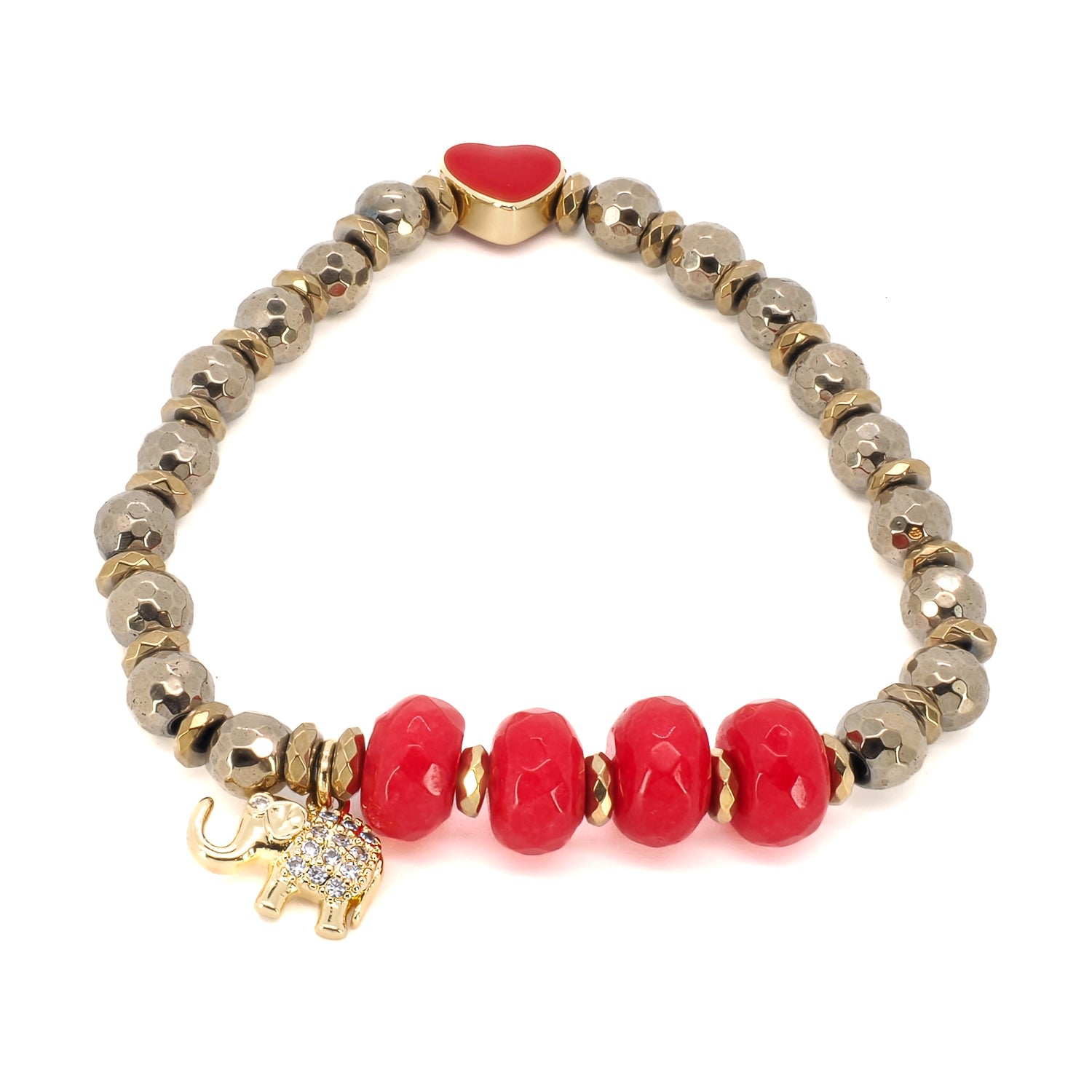 Women’s Gold / Red Red Heart Gold Beaded Lucky Elephant Bracelet - Red Ebru Jewelry