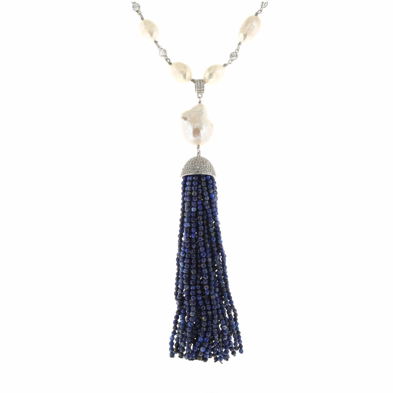 Women’s Blue White Pearl & Lapis Tassel Necklace Cosanuova