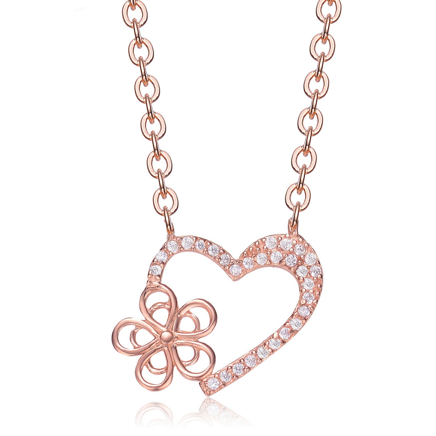 Women’s White / Rose Gold Rose-Plated Sterling Silver Cubic Zirconia Heart And Flower Shape Necklace Genevive Jewelry