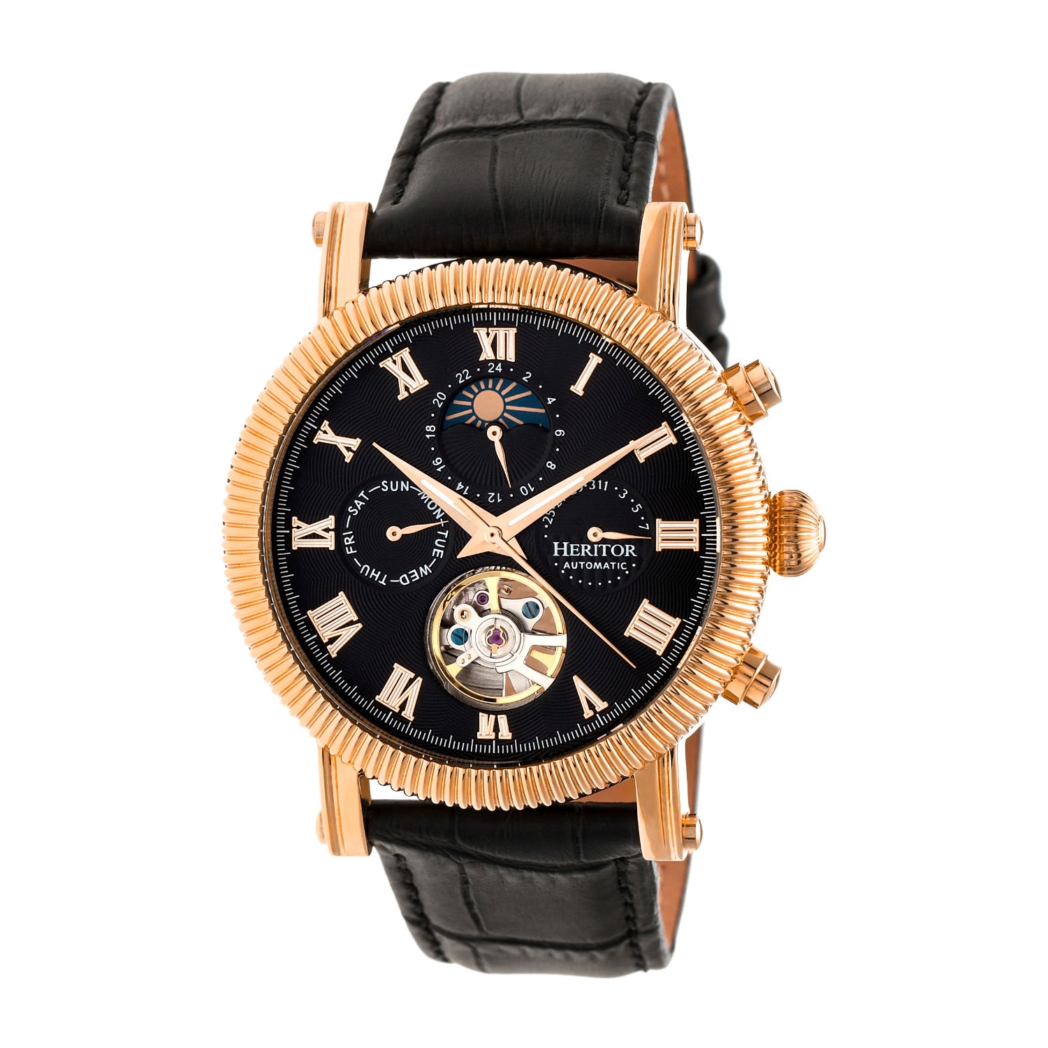 Men’s Black / Rose Gold Winston Semi-Skeleton Leather-Band Watch With Day And Date - Black, Rose Gold One Size Heritor Automatic