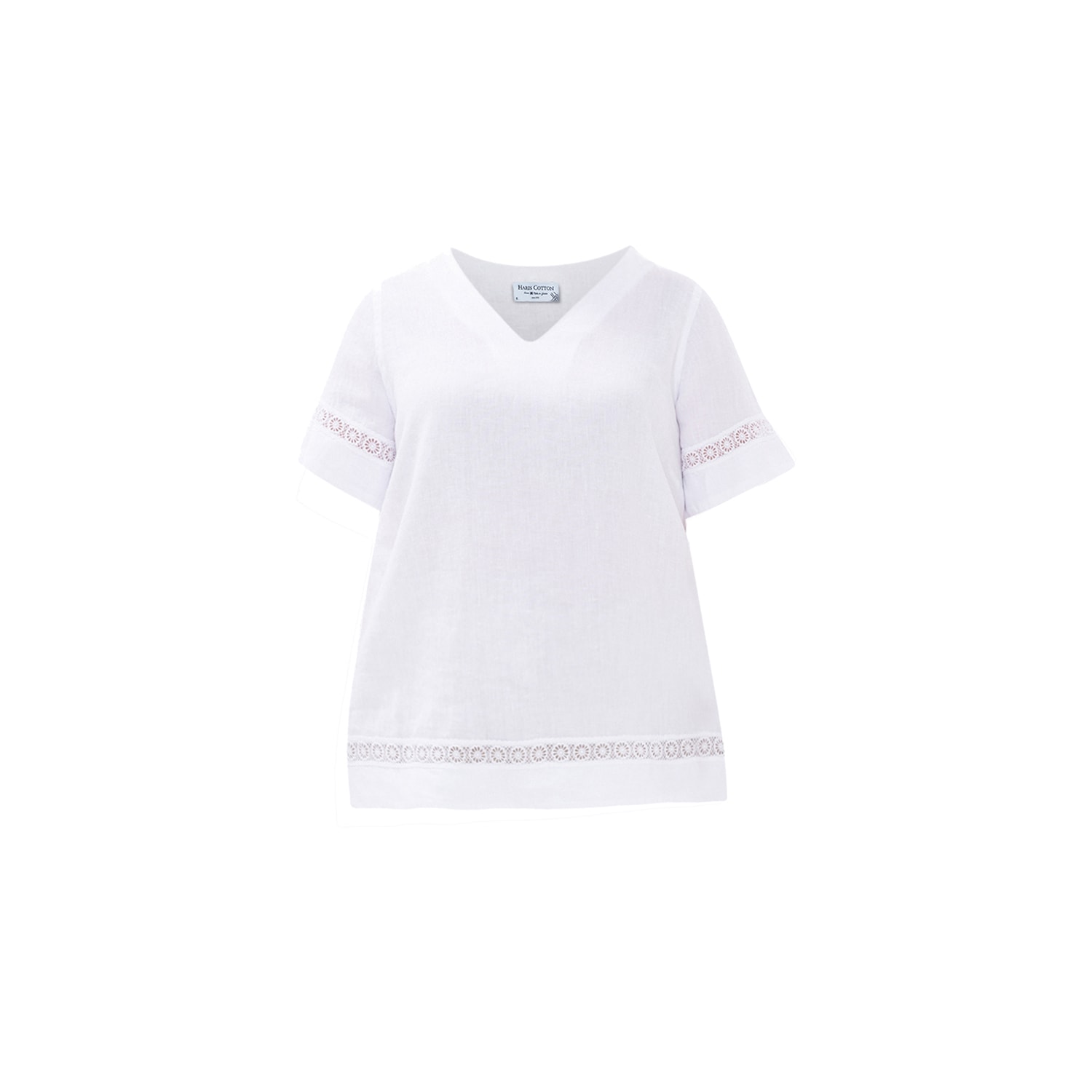 Women’s Guipure Lace Insert Linen Blouse With V Neck And Short Sleeve - White Extra Small Haris Cotton