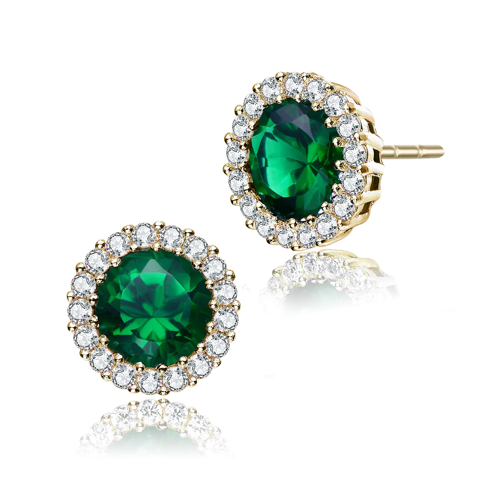 Women’s Gold / Green Sterling Silver With Rhodium Plated Clear Round Cubic Zirconia With Small Clear Round Cubic Zirconia Halo Accent Stud Earrings Genevive Jewelry