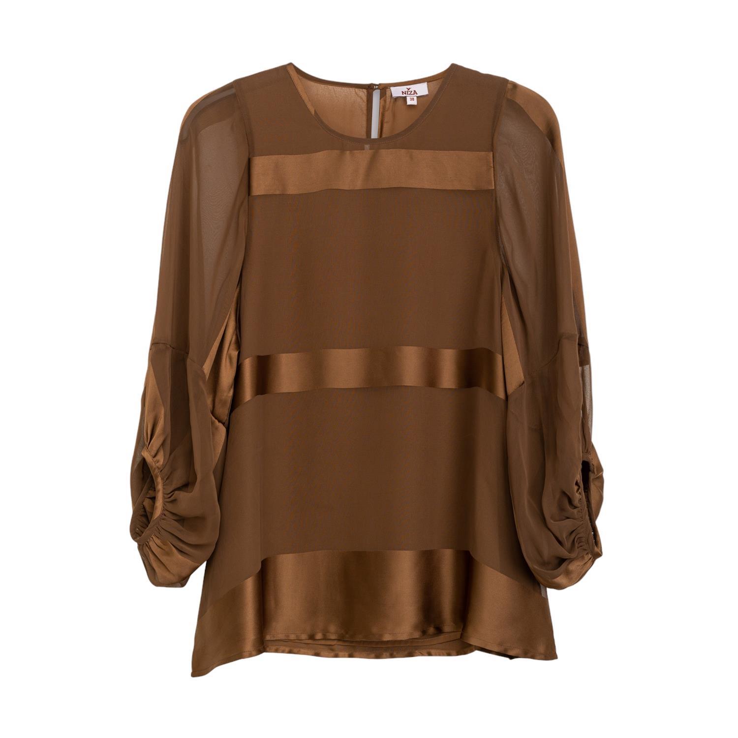 Women’s Long Sleeve Blouse With Belt Brown Extra Large Niza