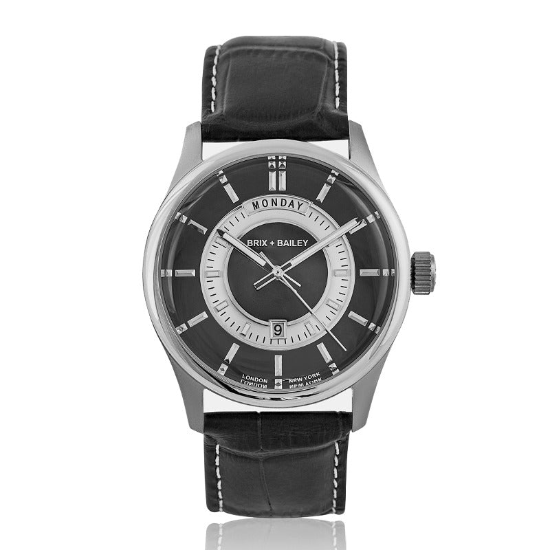 Black / Silver The Brix + Bailey Black Barker Men’s Unisex Leather Strap Watch Form One Bidex One Size Brix+Bailey