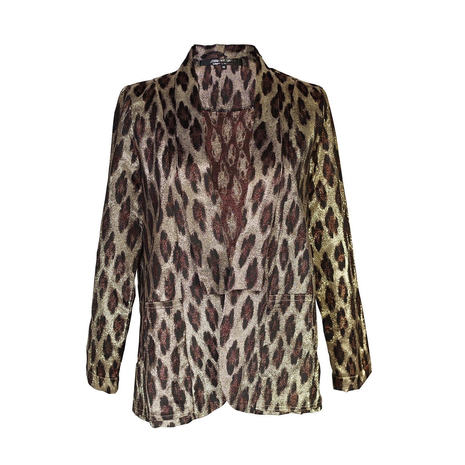 Women’s Gold Leopard Shimmer Shawl Collar Blazer Large Jennafer Grace