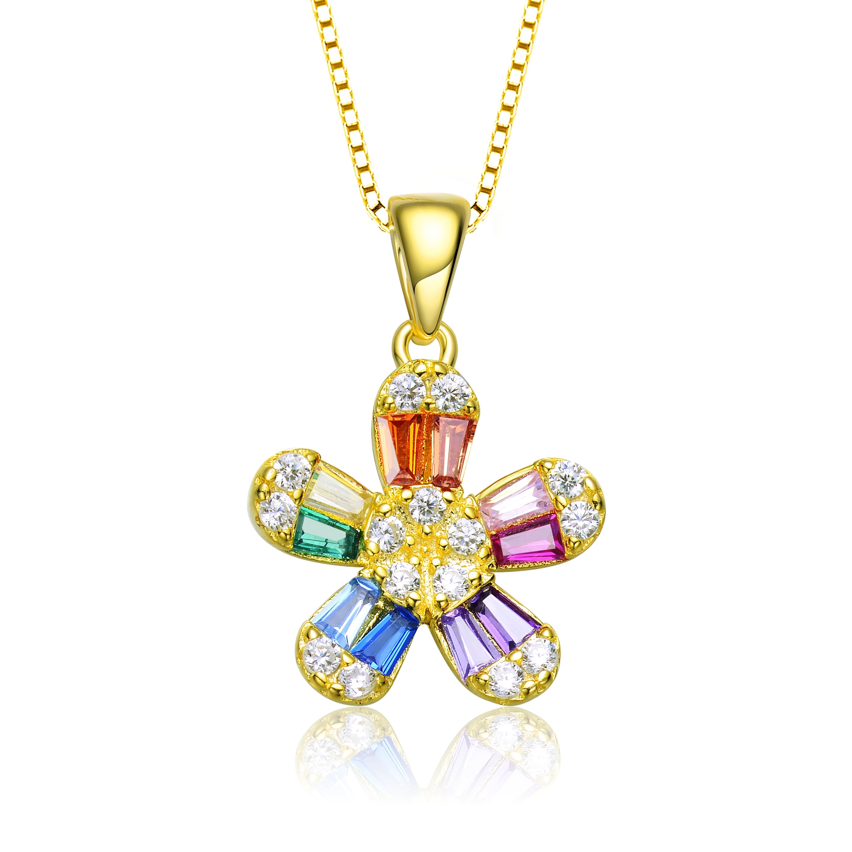 Women’s Sterling Silver With Gold Plated Multi Color Baguette Cubic Zirconia Flower Style Pendant Necklace Genevive Jewelry