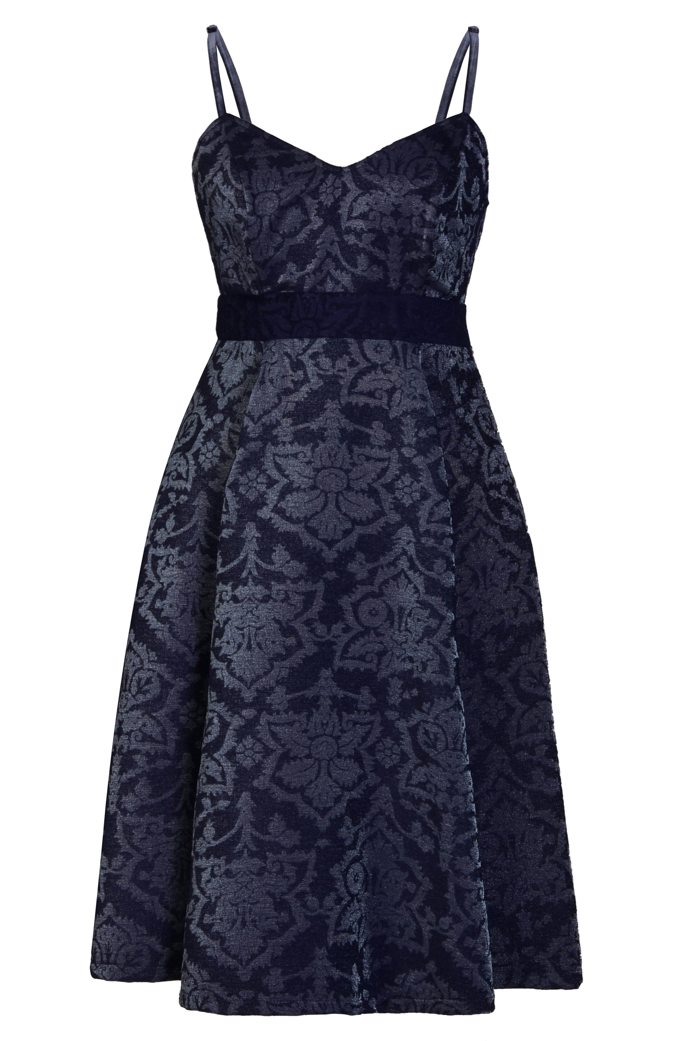 Women’s Blue / Black Velvet Jacquard Fit And Flare Dress Large Sarvin