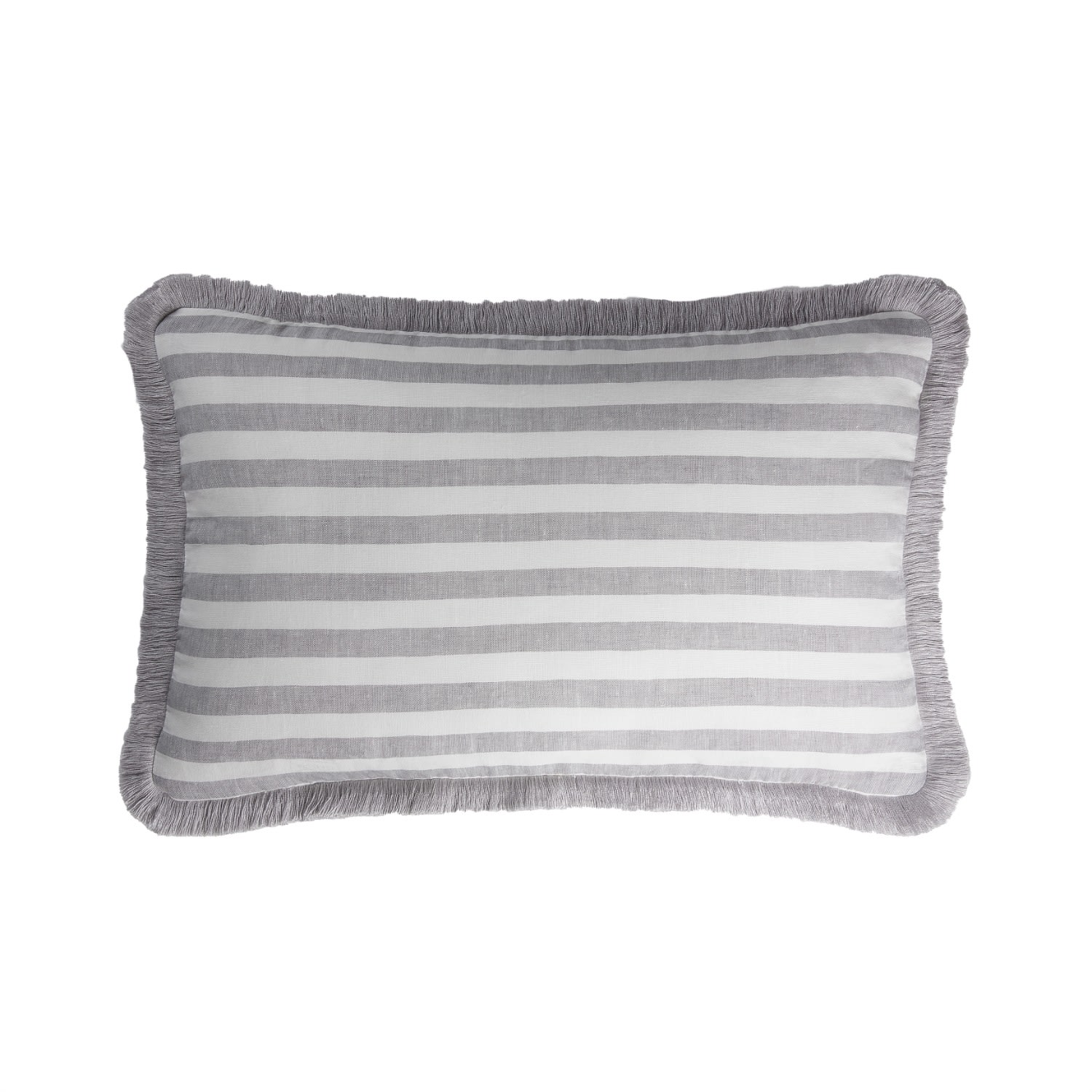 Happy Linen Pillow Striped White Grey With Grey Fringes Lo Decor