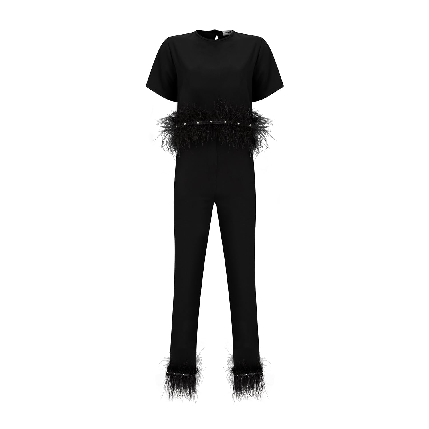 Women’s Doutzen Faux Fur Detailed Crystal Embellished Crop Blouse And Pants Set In Black. Small Hanae Clothes