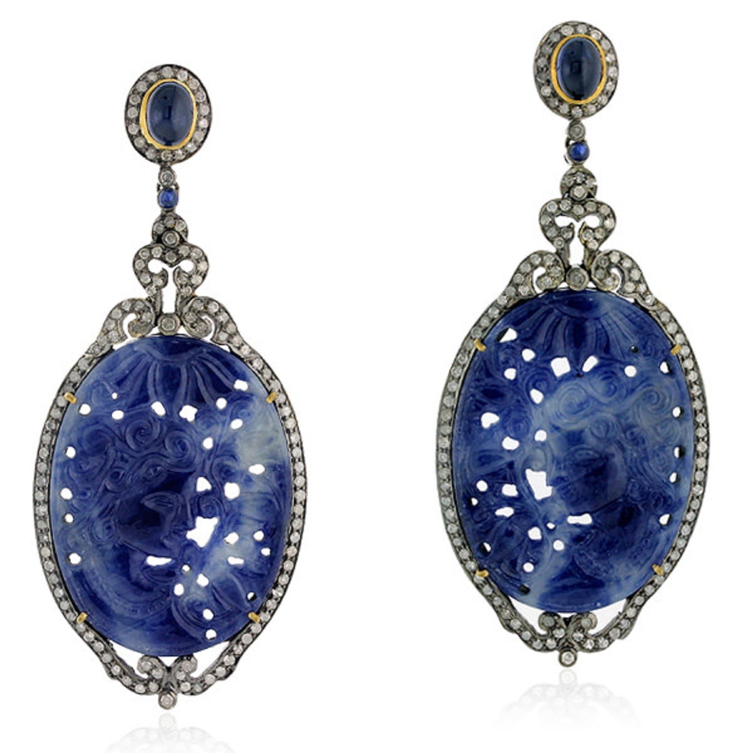 Women’s Silver / White / Blue Gold Carving Blue Sapphire Diamond Dangle Earrings Handmade Artisan