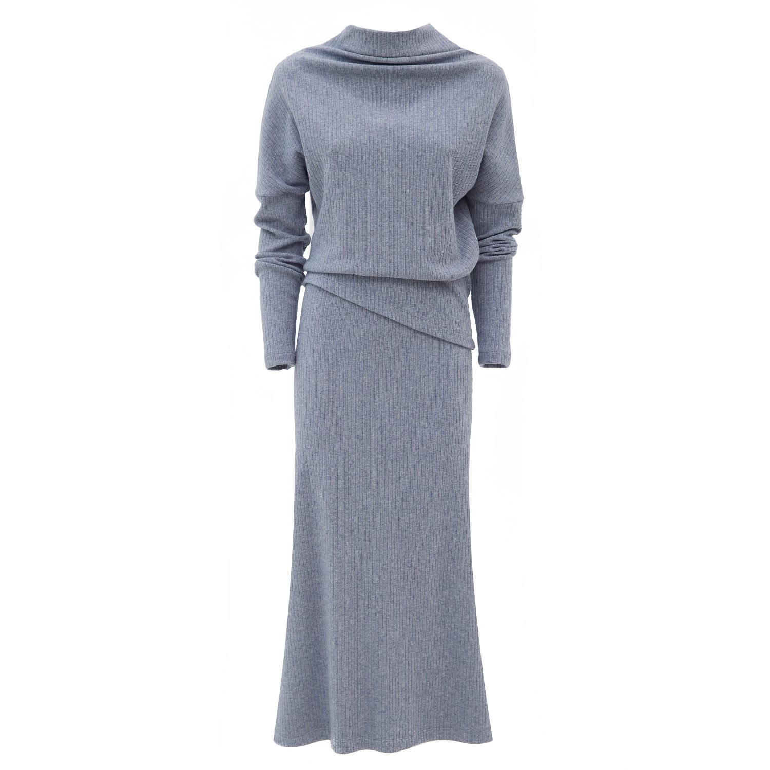 Women’s Grey Rib Knit Suit Asymmetric Blouse & Basik Skirt - Gray-Blue Extra Large Julia Allert