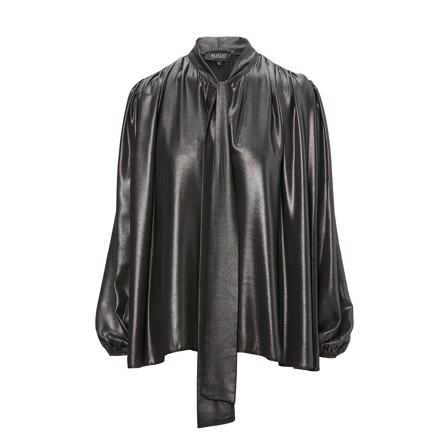 Women’s Metallic Black Blouse With Draped Shoulders & Bow Ribbon Small Bluzat