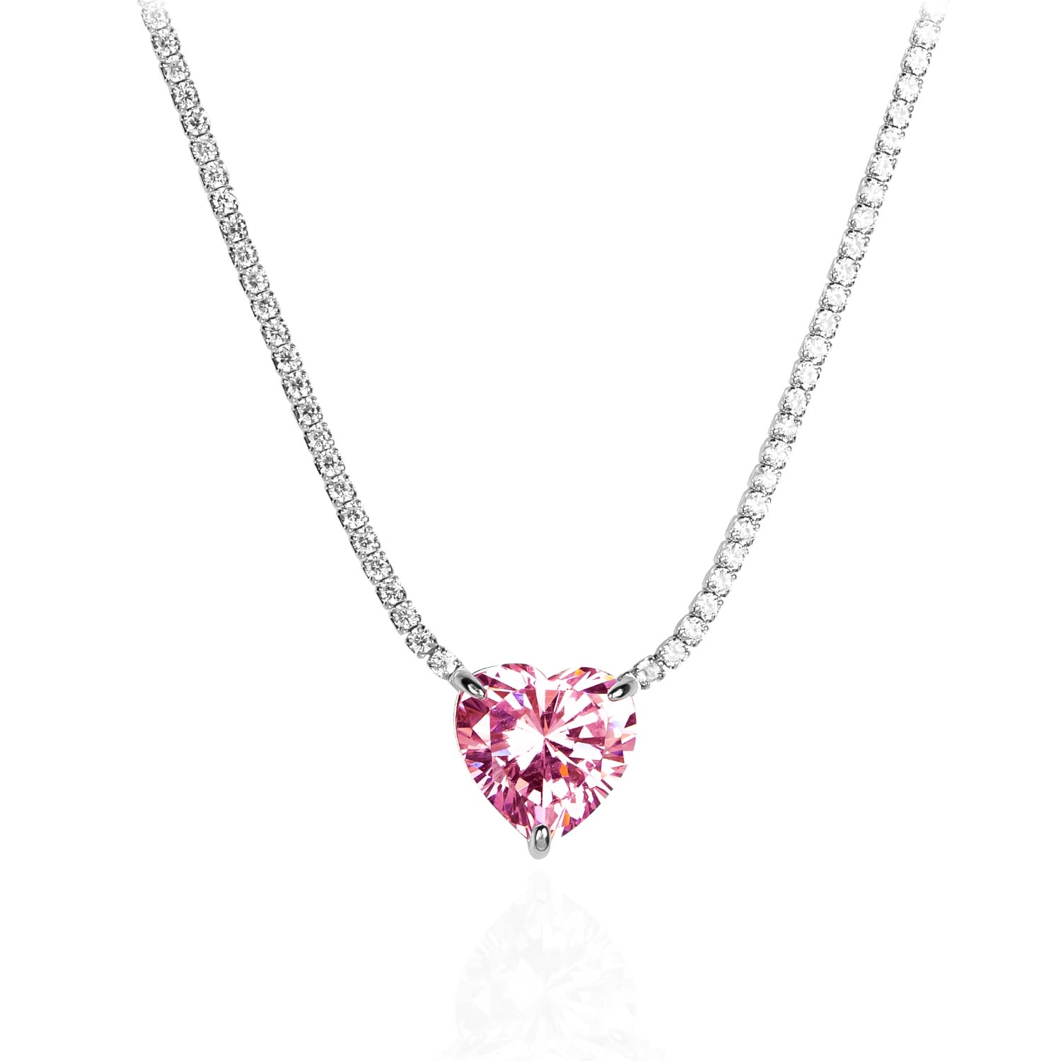 Women’s Silver Pink Heart Tennis Choker Necklace Ep Designs