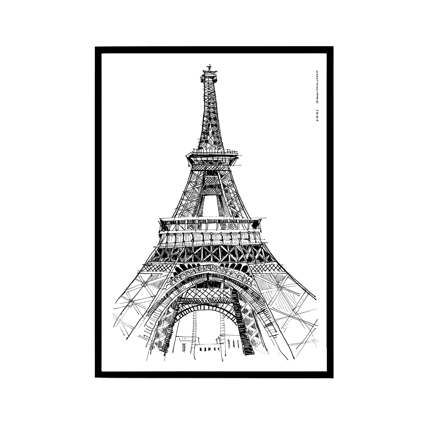 Black / White The Eiffel Tower, Paris Art Print: Iconic City Landmarks Illustrations A4 210 X 297Mm Awol