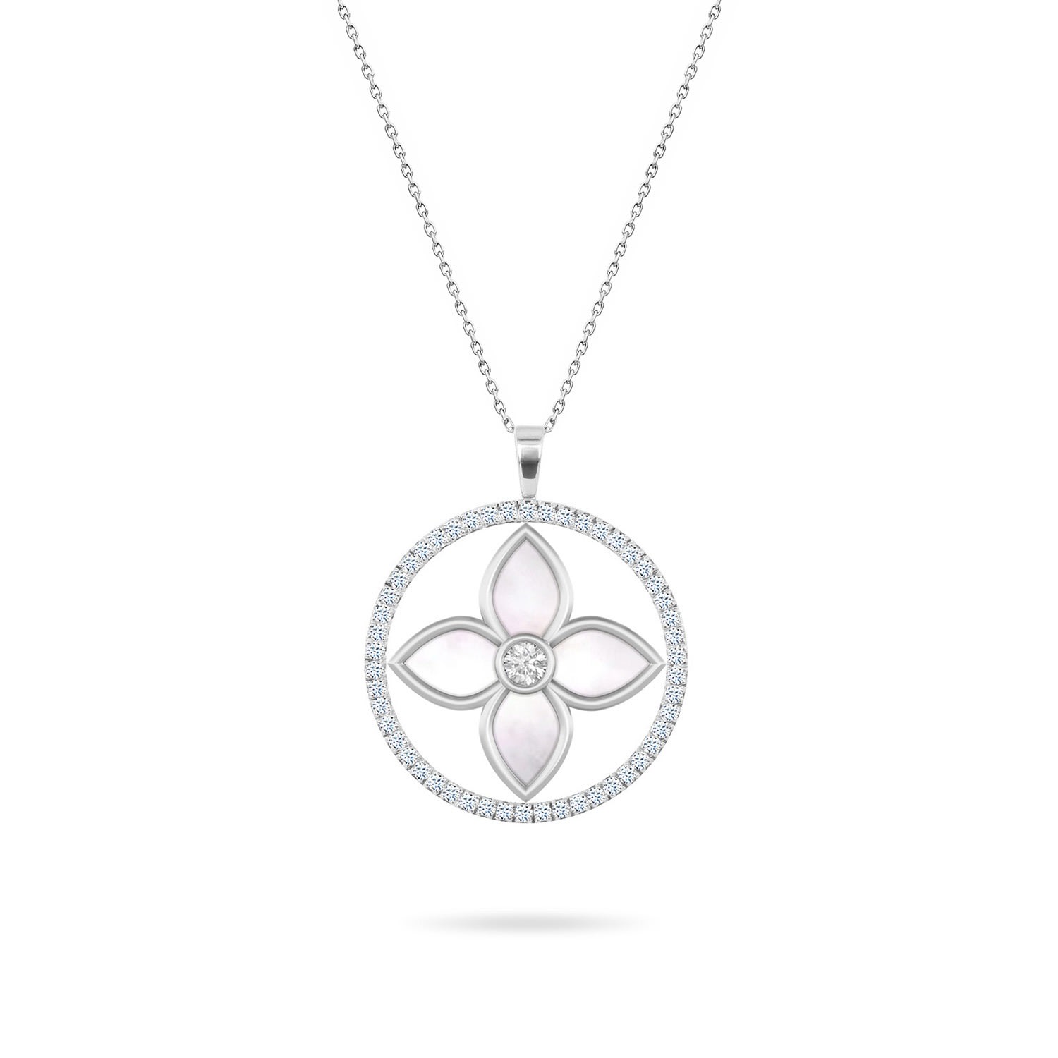 Women’s Necklace Ava Queen On Precious Stone,18K White Gold And Diamonds Mother Of Pearl Aquae Jewels