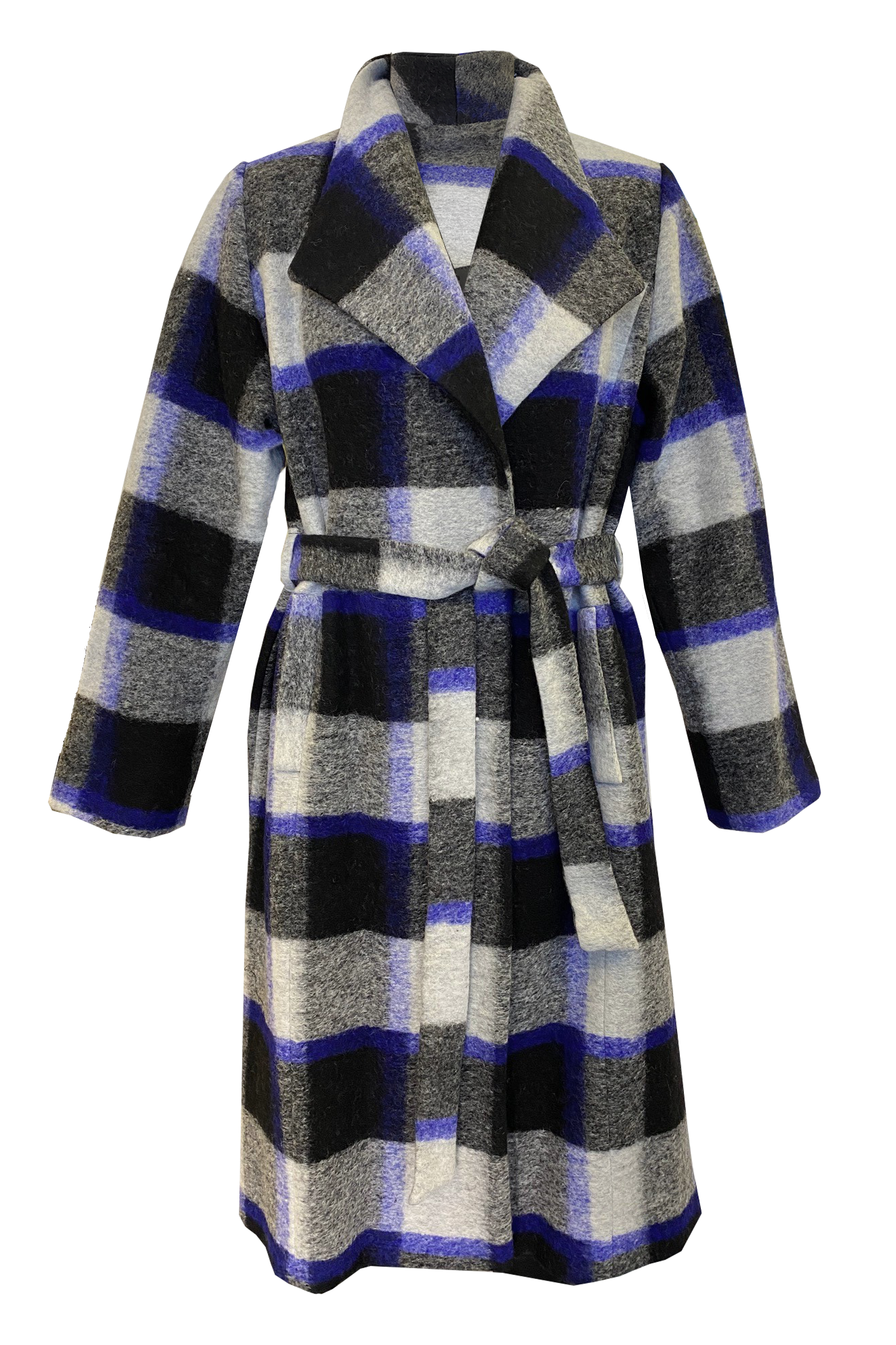 Women’s Black / Blue Wool Longline Coat Belted In Blue Black Check Large Lavaand