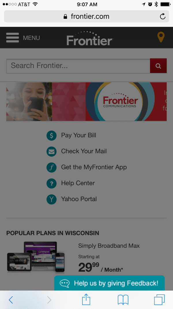 Frontier Mobile Site mobile site screenshot