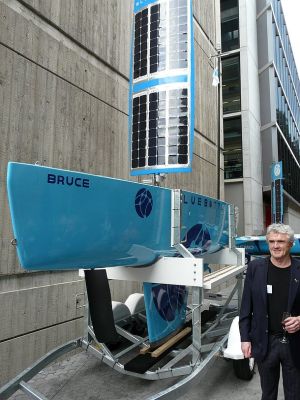 The Bluebottle Stinger USV with Ocius Technology CEO Robert Dane. Credit: ADM Patrick Durrant