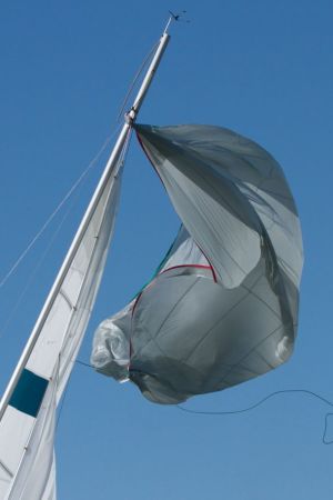 Spinnaker tattered and torn but the rig remains intact. Photo Bernie Kaaks.