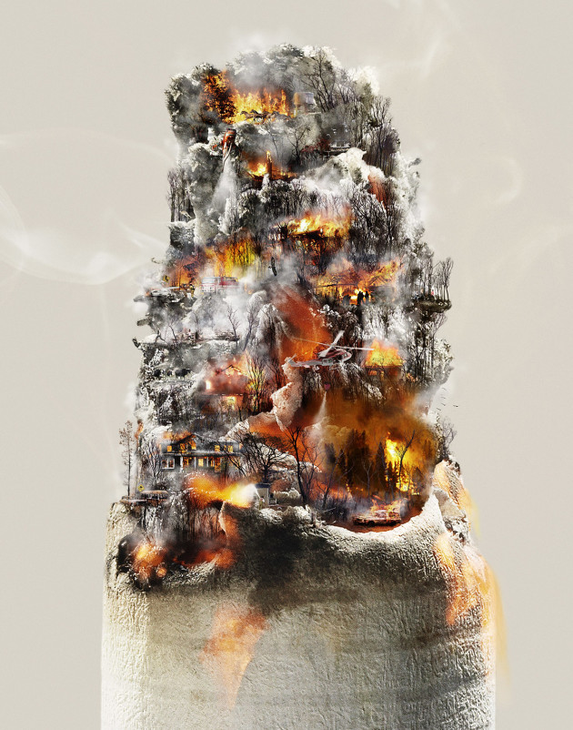 Photo of a burning cigarette by Adrian Lander. “I used stock shots but mostly shot after Black Saturday in the Yarra Valley. The cigarette was shot in studio, and some of the buildings were shot in the Yarra Valley after the devastating bushfires. Some stock photography was used too.” Canon 1DS MkII, 50mm lens @ f2.5 and Hasselblad H3D II-39, ISO 100.