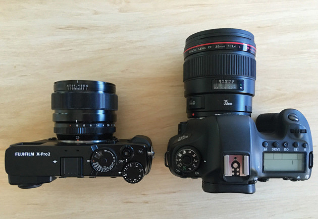 Side by side: A mirrorless Fujifilm X-Pro2 with a 35mm (equivalent) f/1.4 lens (left) and a full frame Canon EOS 6D DSLR with a 35mm f/1.4 lens. Both camera/lens combinations offer the same field of view and maximum aperture, but the Canon is considerably larger and heavier.