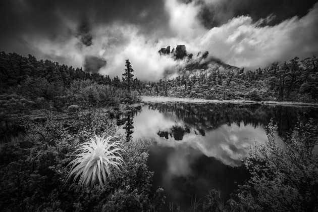 Labyrinth Area, Cradle Mountain-Lake St Clair National Park, Tasmania. When we woke up at this location the mountains were covered in a low fog layer. As we waited the clouds parted revealing a glimpse of Mount Geryon reflected in the waters below. Sony A7R converted to 720nm infrared, Sony-Zeiss 16-35 f/4 @ 16mm, 1/320 sec @ f5.6, ISO 100, tripod. Monochrome conversion and curves adjustments in Photoshop CC.