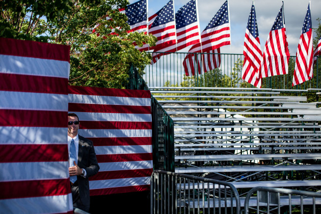 A member of the Secret Service at a campaign stop for U.S. Democratic front-runner, Hillary Clinton, at her first rally in Four Freedoms Park, Roosevelt Island, New York City on 13 June, 2015. © Ashley Gilbertson/VII Photo.