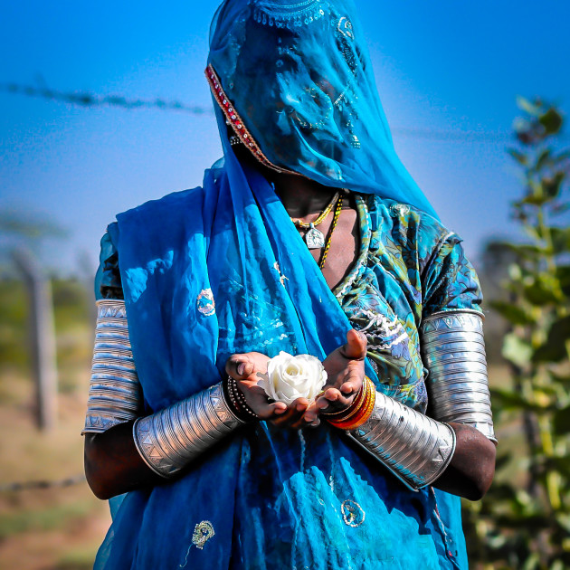 Bound. Rajasthan 2013. Only dry dusty roads till the next location. Miles and miles and miles from anywhere. Our lady in blue is working the land. A hard labourer, under the guidance of male 'handlers' from sun up to sun down. Dressed as beautifully as this everyday.