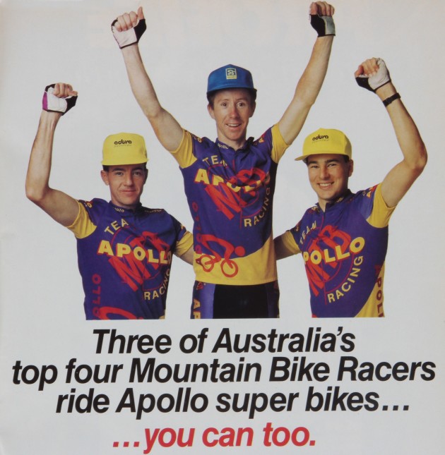Apollo was really big on the Aussie MTB scene in the 90's, and the colour of choice for their team kit - purple of course.
From L - R: Simon Jamison, Damian Grundy and Mick Jamison.
