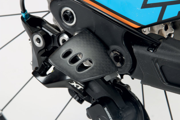 This little carbon guard ads a modicum of protection for the 11-speed XT derailleur.