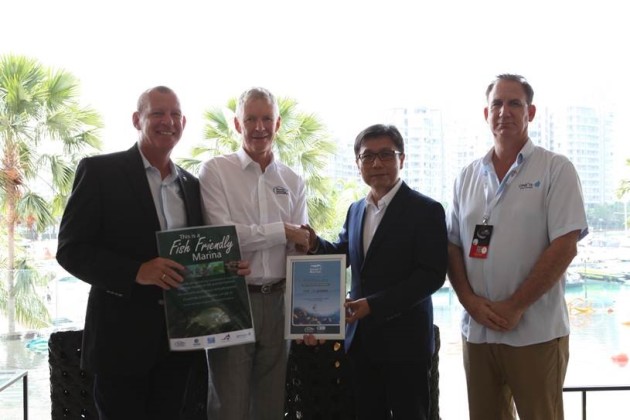 Singapore's fish friends: (l-r) Rudy Puystjens CMM, marina manager of ONE°15 Marina Sentosa Cove, Singapore, Colin Bransgrove, executive officer of Marina Industries Association, Jack Long, group general manager of SUTL Group, and Brian Werner, general manager of ONE°15 Marina Sentosa Cove.