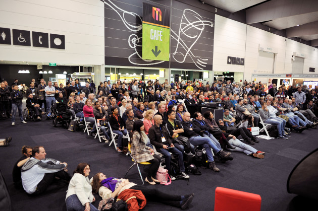 The packed free show theatre. This year the capacity has been expanded to 400 seats, and will feature two large screens.