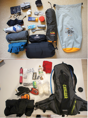 This is what Arran packed for a 1,000km five day trip in New Zealand. The bar mounted dry bag (top) held a bivy, sleeping bag, sleeping mat, clothing and other infrequently needed bits. The rest went into the backpack; rain jacket, tools, bike spares, water purifying tablets and so on. In total the gear and the bags as pictured came in at under 4kg!