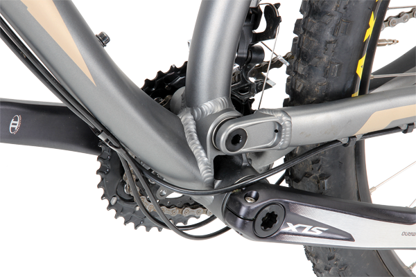 The bottom bracket and swing arm pivot both attach to a single chunk of machined alloy.