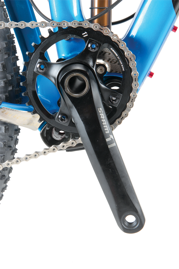 SRAM’s 1X11 drive train is hard to fault, although the 34 tooth front chainring is more at home on undulating trails. 