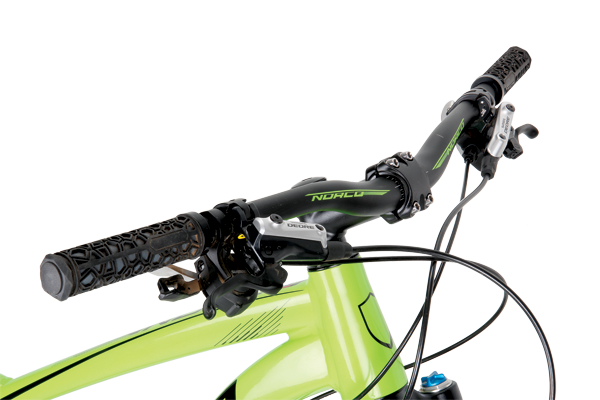 Good to see a wide 740mm bar as standard but the 90mm stem is a tad too long for the playful nature of this bike.