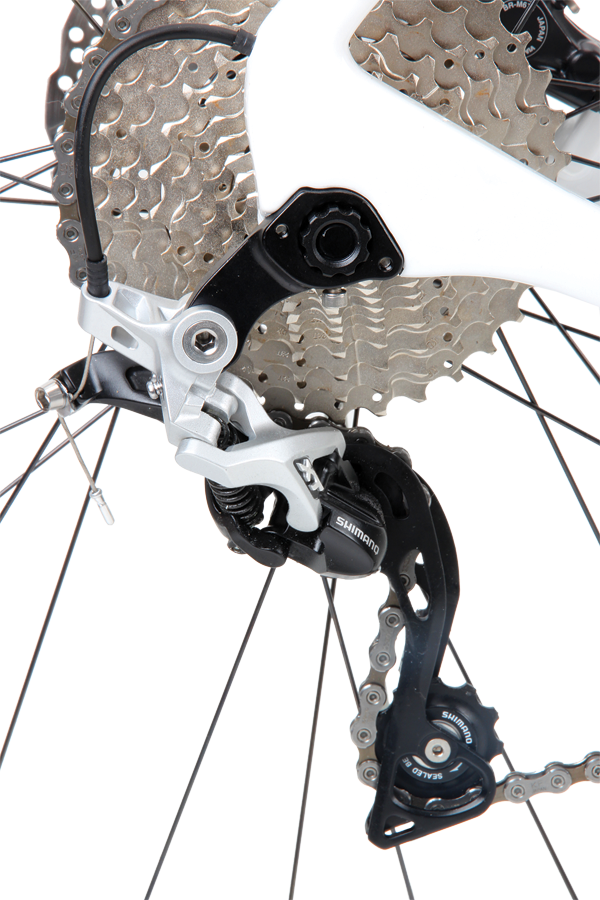 Shimano’s DRD-style hanger provides a very solid anchor for the derailleur and makes wheel removal easier.