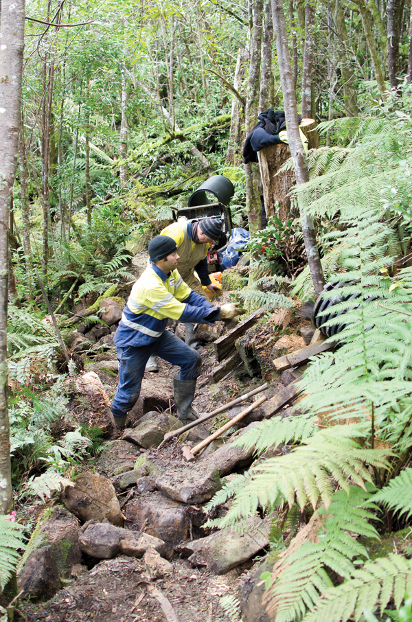 Track workers Dave and Simon hard at it—building some sections of the North South Track was a tough slog.