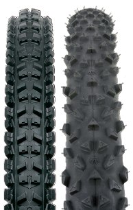 Round versus flat-the Hutchinson Barracuda (left) has a pronounced square profile with raised cornering blocks while the Continental Mountain King (right) is a round profile