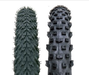 Some tyres obtain lots of biting edges from numerous small and closely spaced blocks (Michelin Mountain Dry - left) while others have bigger more broadly spaced blocks (Intense CC - right).